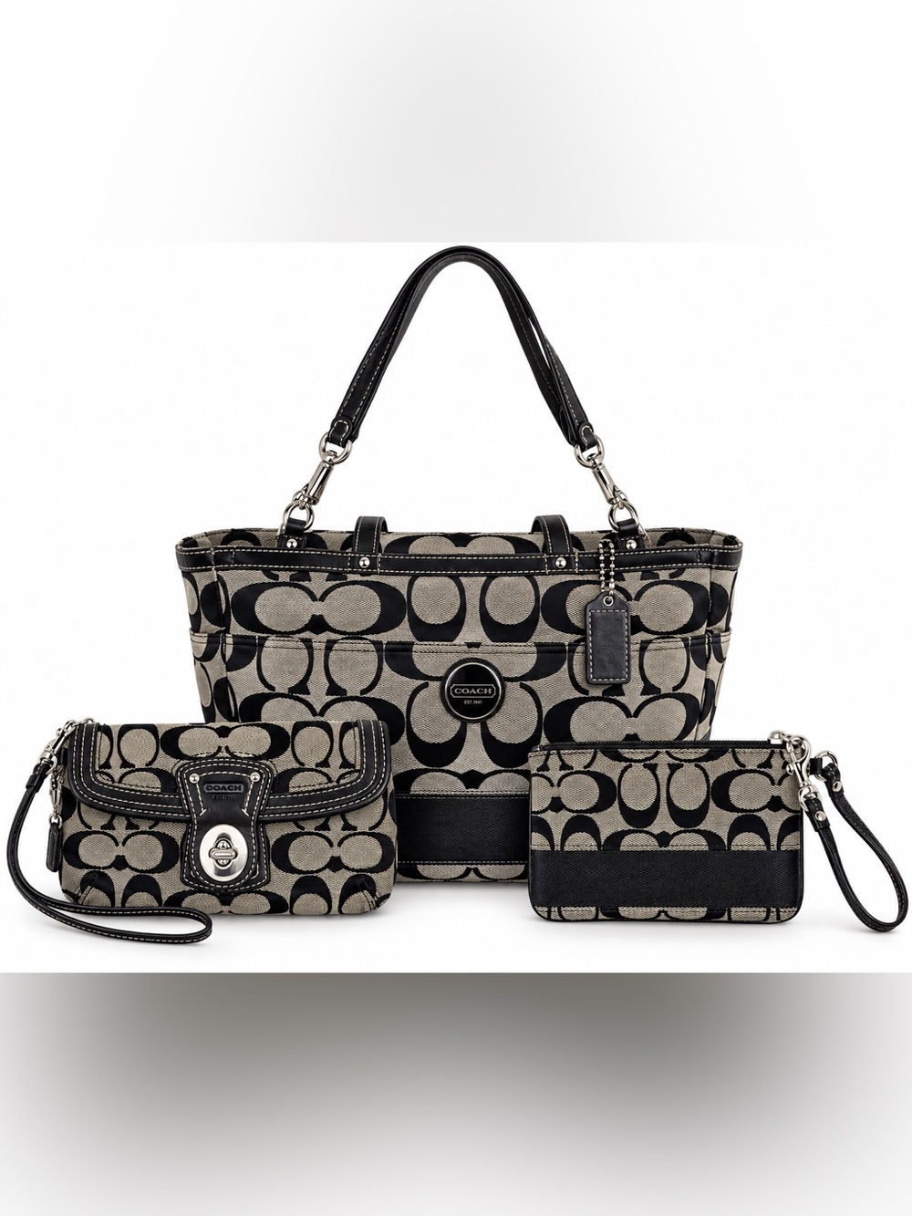 Coach Signature C F1077-F15188 Black Gray Jacquard 3-Pc Set